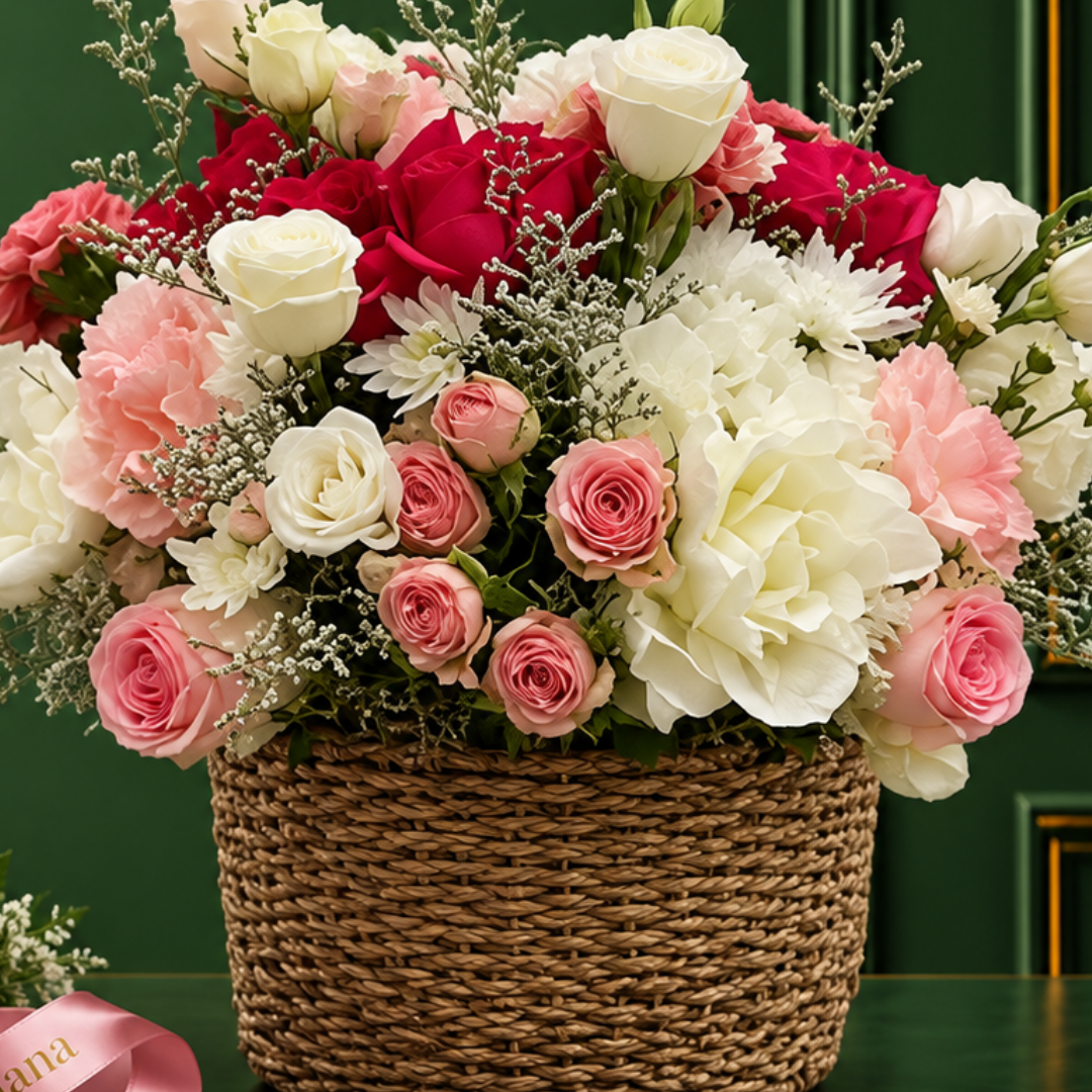 MIXED FLOWER IN BAMBOO BASKET