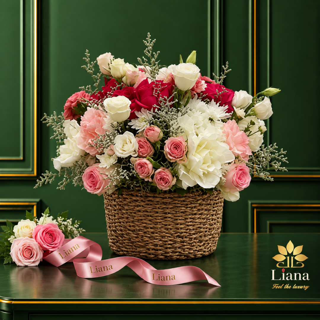 MIXED FLOWER IN BAMBOO BASKET